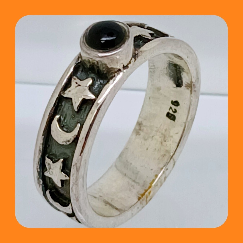 BOMA Vintage 90s Sterling Silver Black Onyx Celestial Star Moon Band Ring Size 6